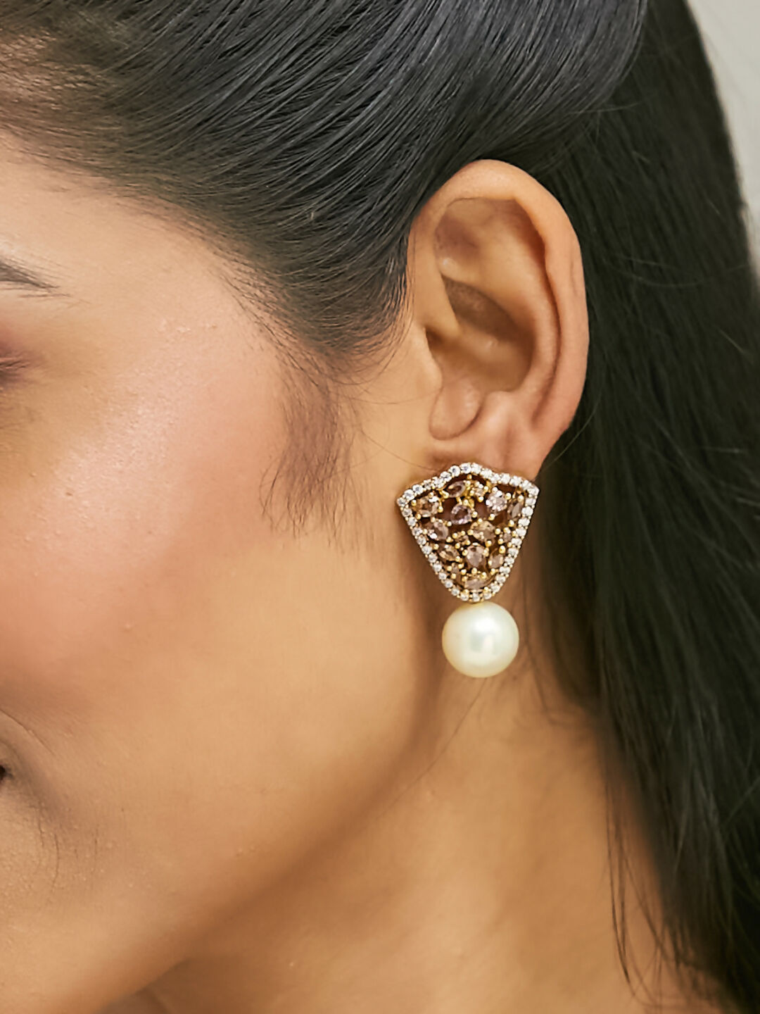 Nuyug 22K Gold-Plated Elegant Zircon Stone Studded & Pearls Drop Stud Earrings