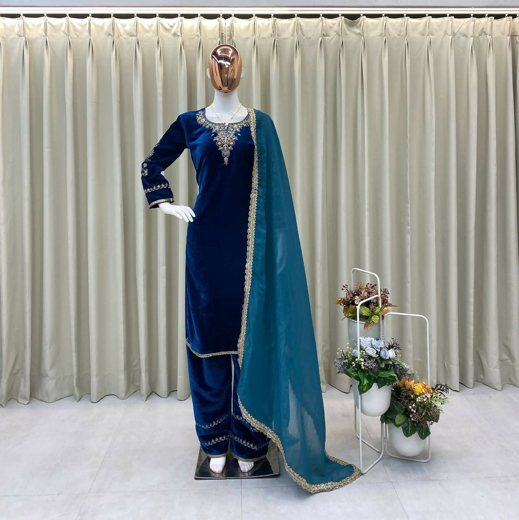 Vastranavya Teal Velvet Cording Sequence Embroidery Work Suit With Dupatta