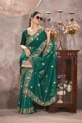 Vastranavya Gold Crunchy Multi Colour Threads Embroidery Work with Sequins Work Saree with Blouse material - Green