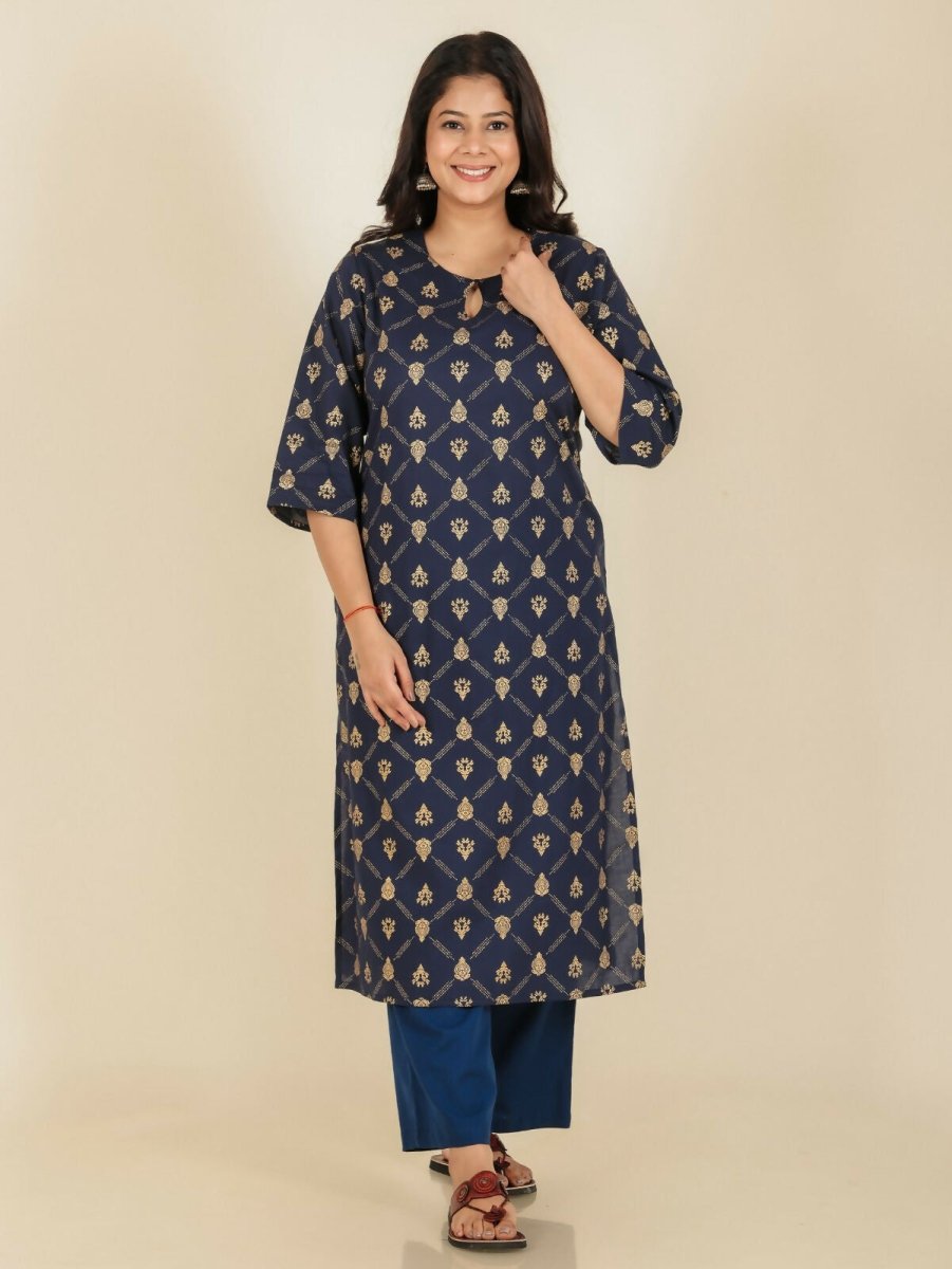 Aramya Straight Soft Cotton Floral Print Women's Kurta - Blue