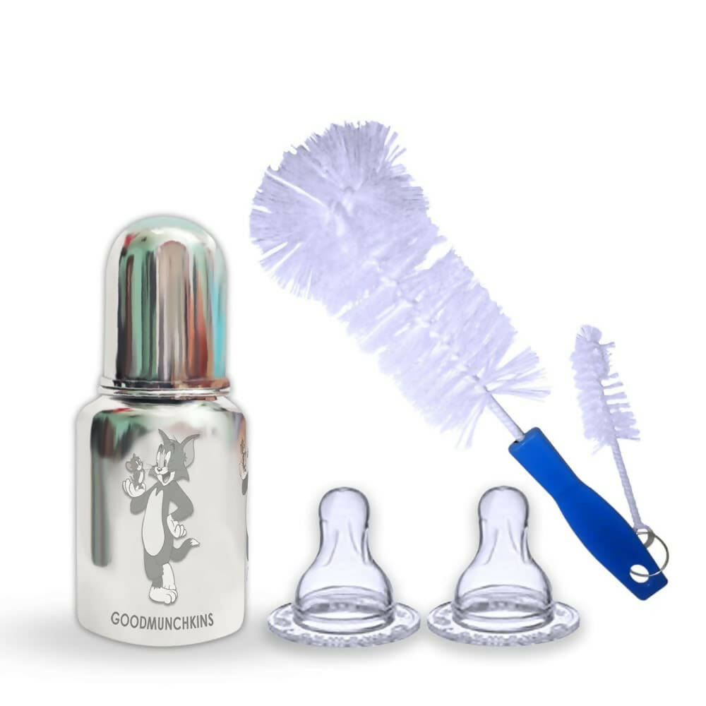 Goodmunchkins Stainless Steel Feeding Bottle with Anti Colic Silicone Nipple/Bottle Cleaning Nylon Brush (150ml, Blue)