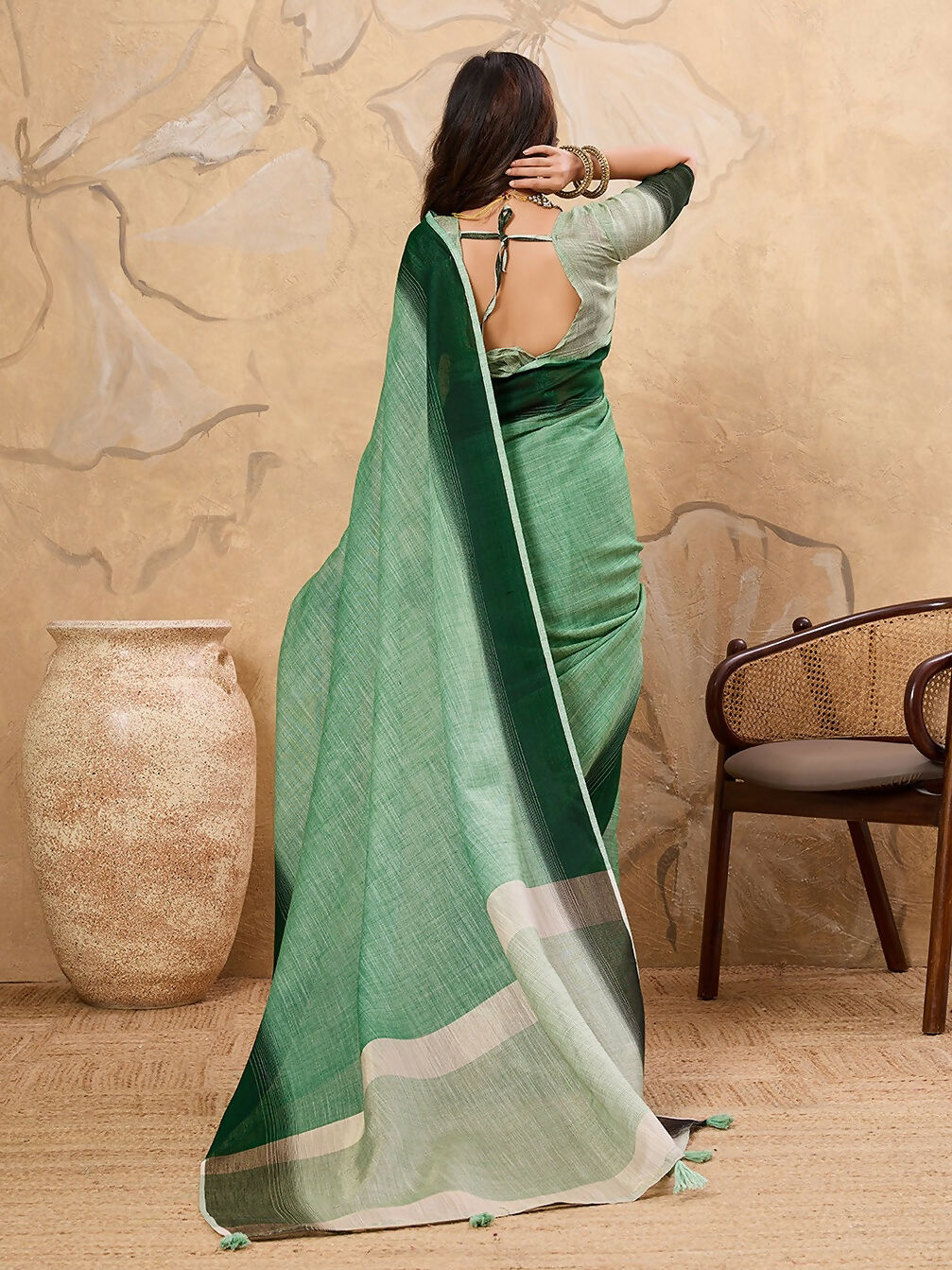 Shree Shyam Fashion Pista Green Linen Saree