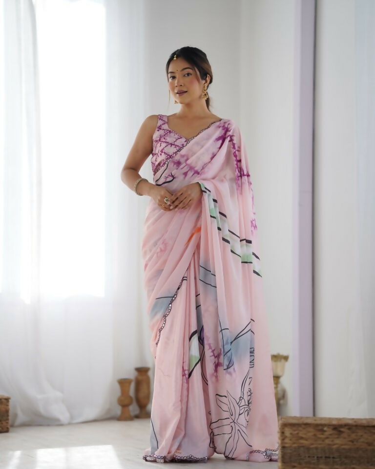Pink Chinon Designer Digital Printed & Mirror Cut Work Saree - Kriti