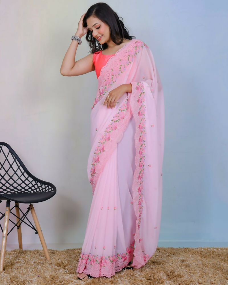 Vamsee Rashmika Baby Pink Georgette Saree
