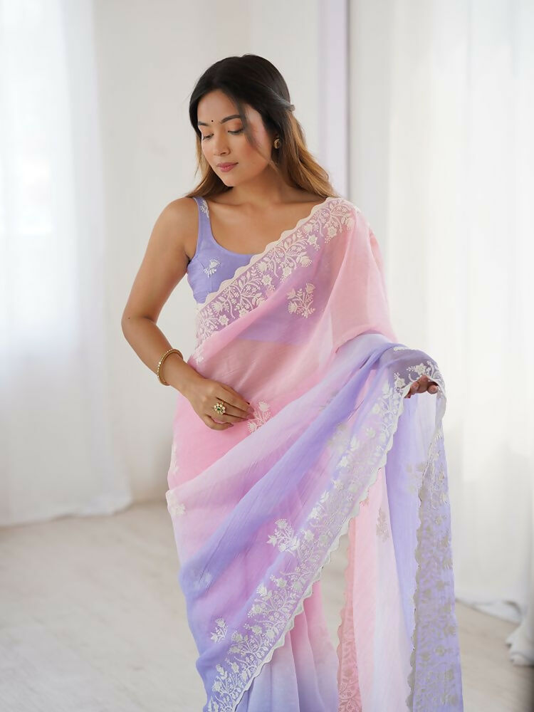 Light Pink Crunchy Silk Embroidery Work Party Wear Saree - Lakshita