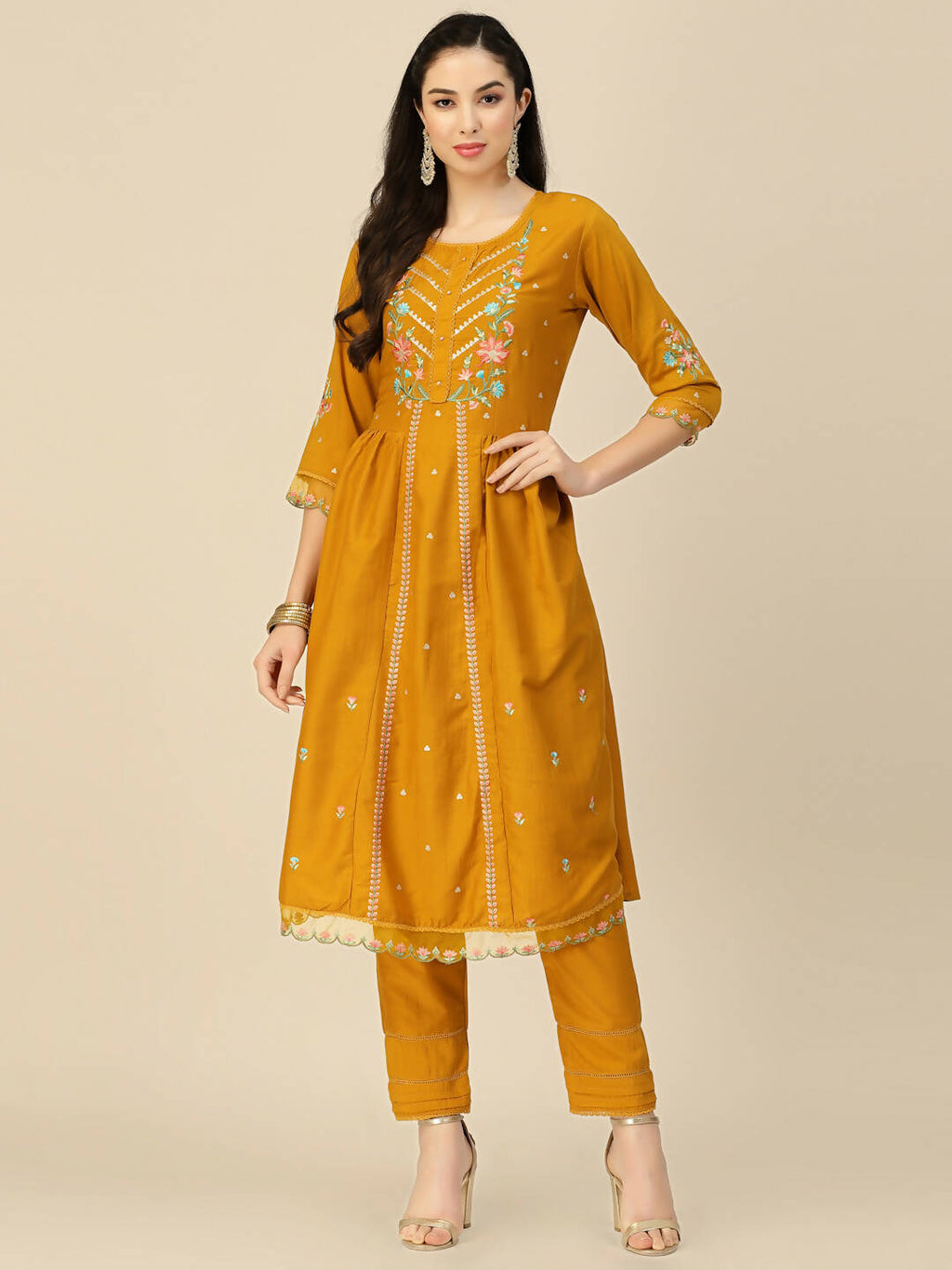 Mustard Embroidered Chinon Straight Kurta With Trouser & Dupatta - Salimar