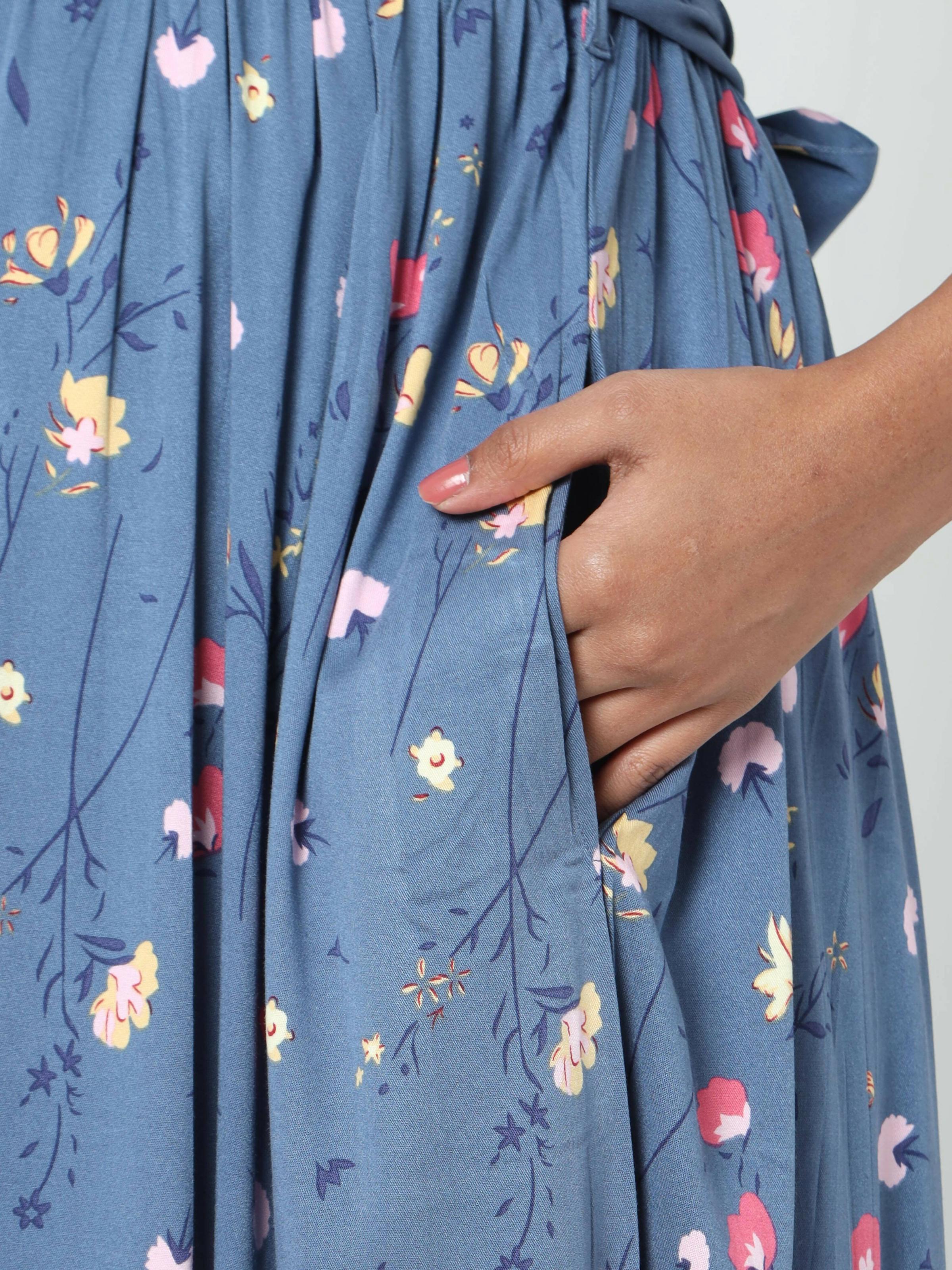 Manet Three Fourth Maternity Dress Floral Print With Concealed Zipper Nursing Access - Dark Grey