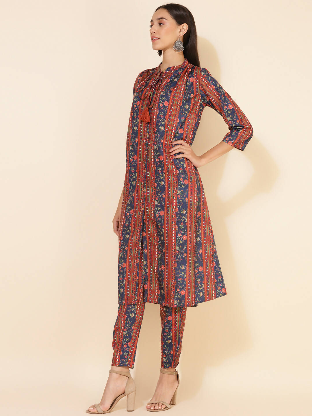 Janasya Women's Blue Crepe Digital Floral Printed Festive A-line Co-ords