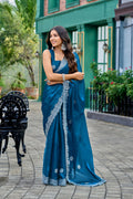 Vastranavya Teal Embroidery Work Shimmer Chiffon Saree with Unstitched Blouse