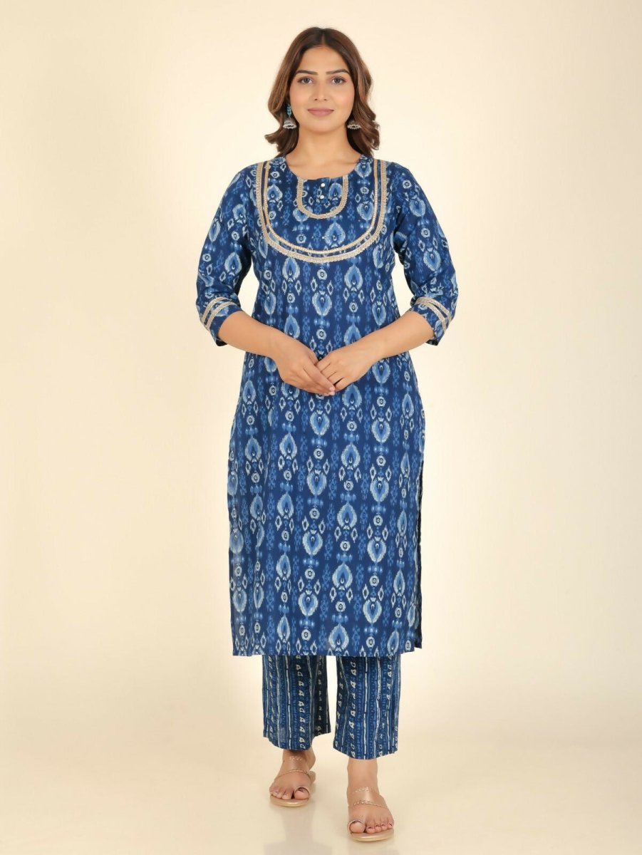 Aramya Straight Soft Cotton Ikat Print Women's Kurta Set - Blue