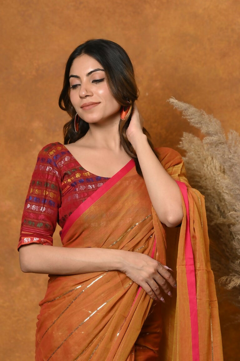 Very Much Indian Designer Mul Cotton Handloom Saree with Sequins - Orange