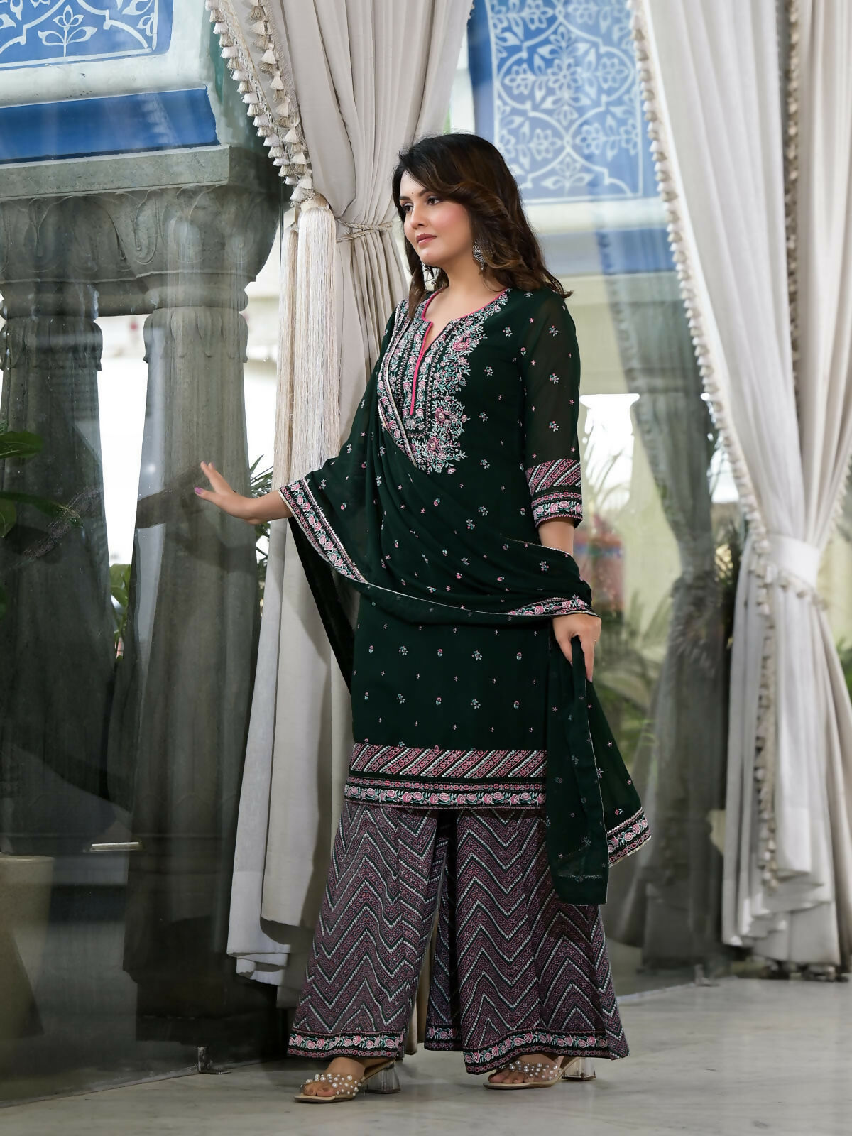 Juniper Women's Green Floral Printed Georgette Kurta Sharara & Dupatta Set With Sequins