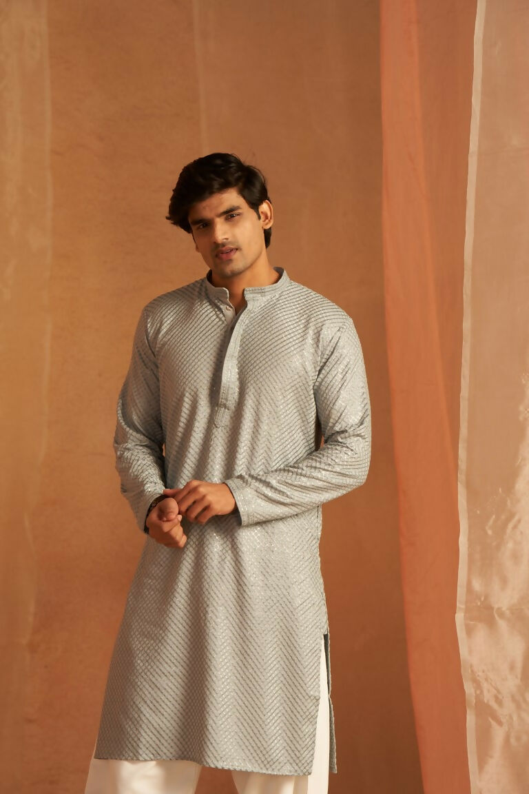 Grey viscose Chikankari Embroidery Work Men's Traditional Kurta Set - Mahotsav