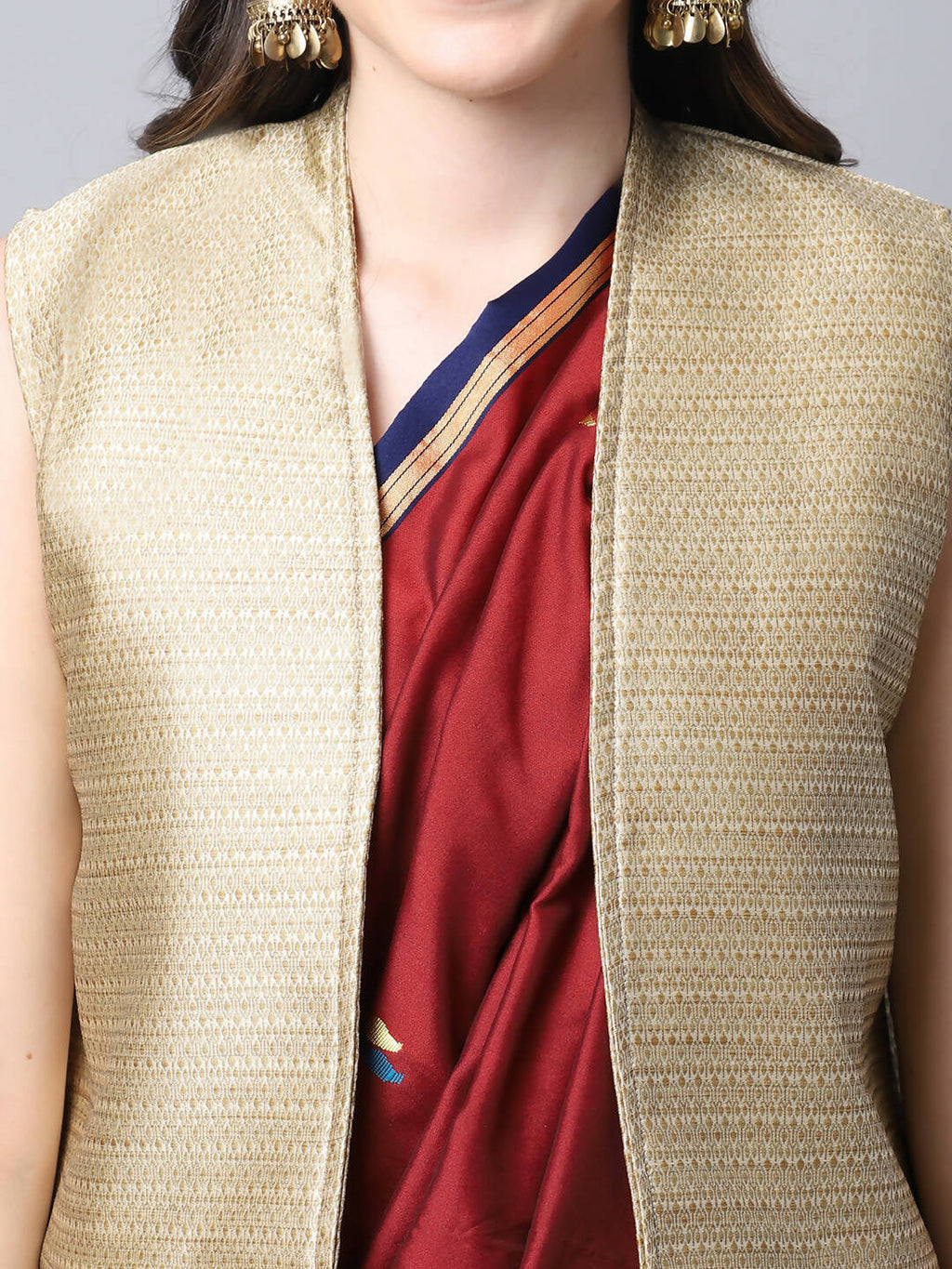 Even Apparels Beige Bansari Silk Open Front Women's Long Coat