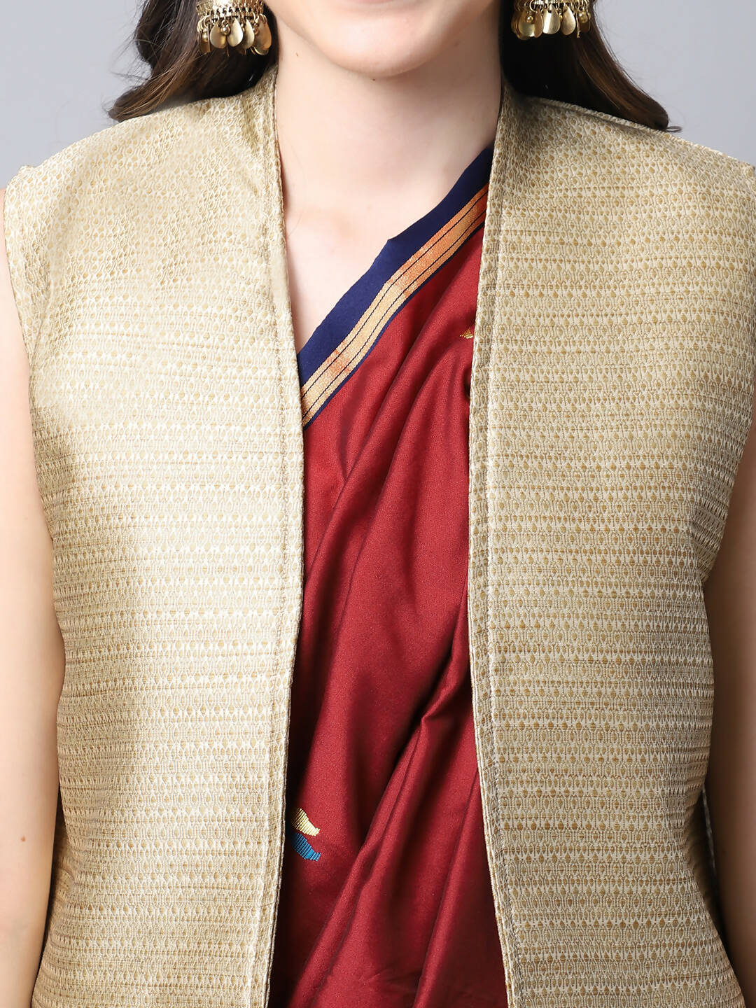 Even Apparels Beige Bansari Silk Open Front Women's Long Coat