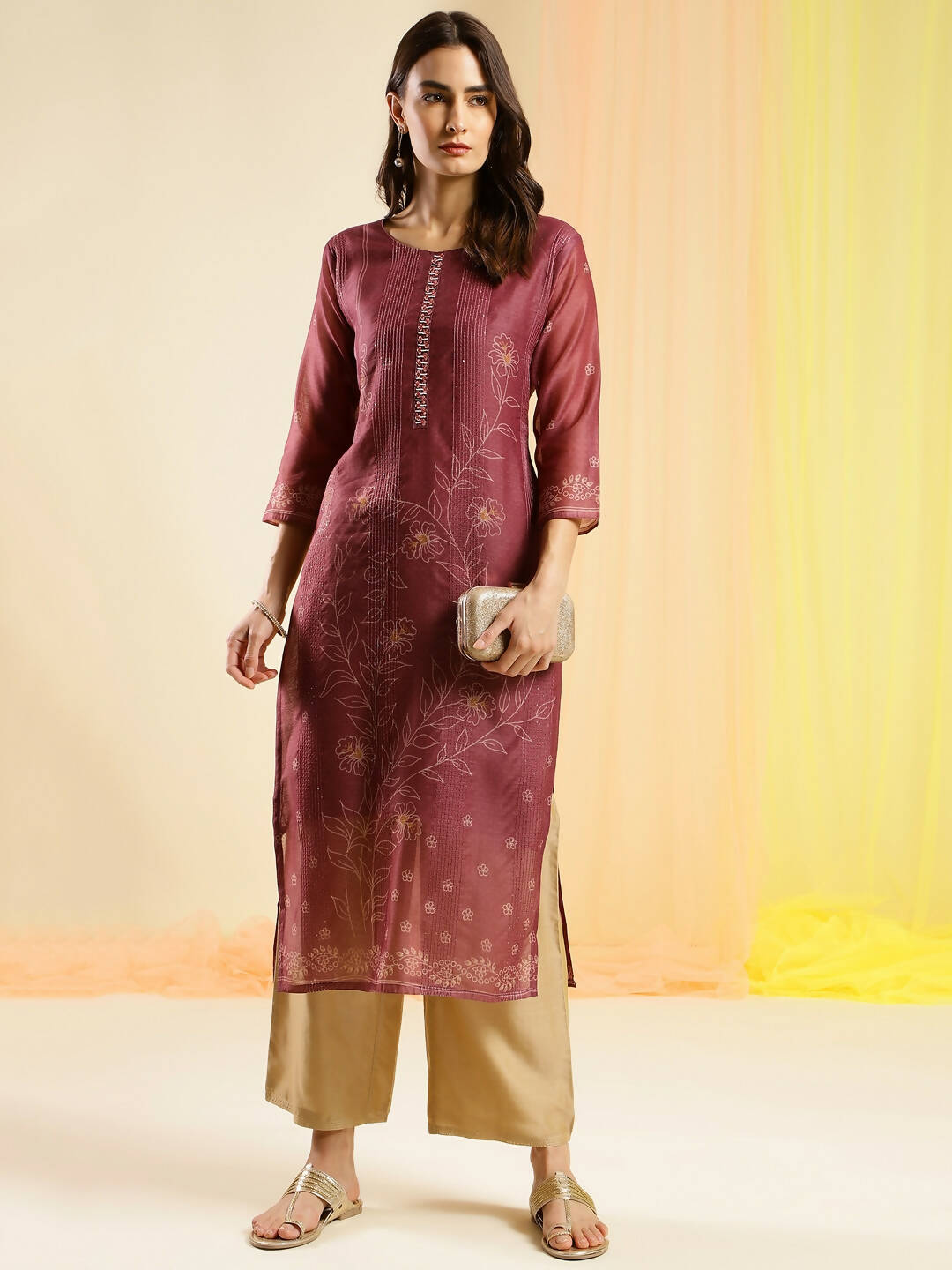 Maroon Chinon Digital Printed With Hand Work Kurta - Himanshi