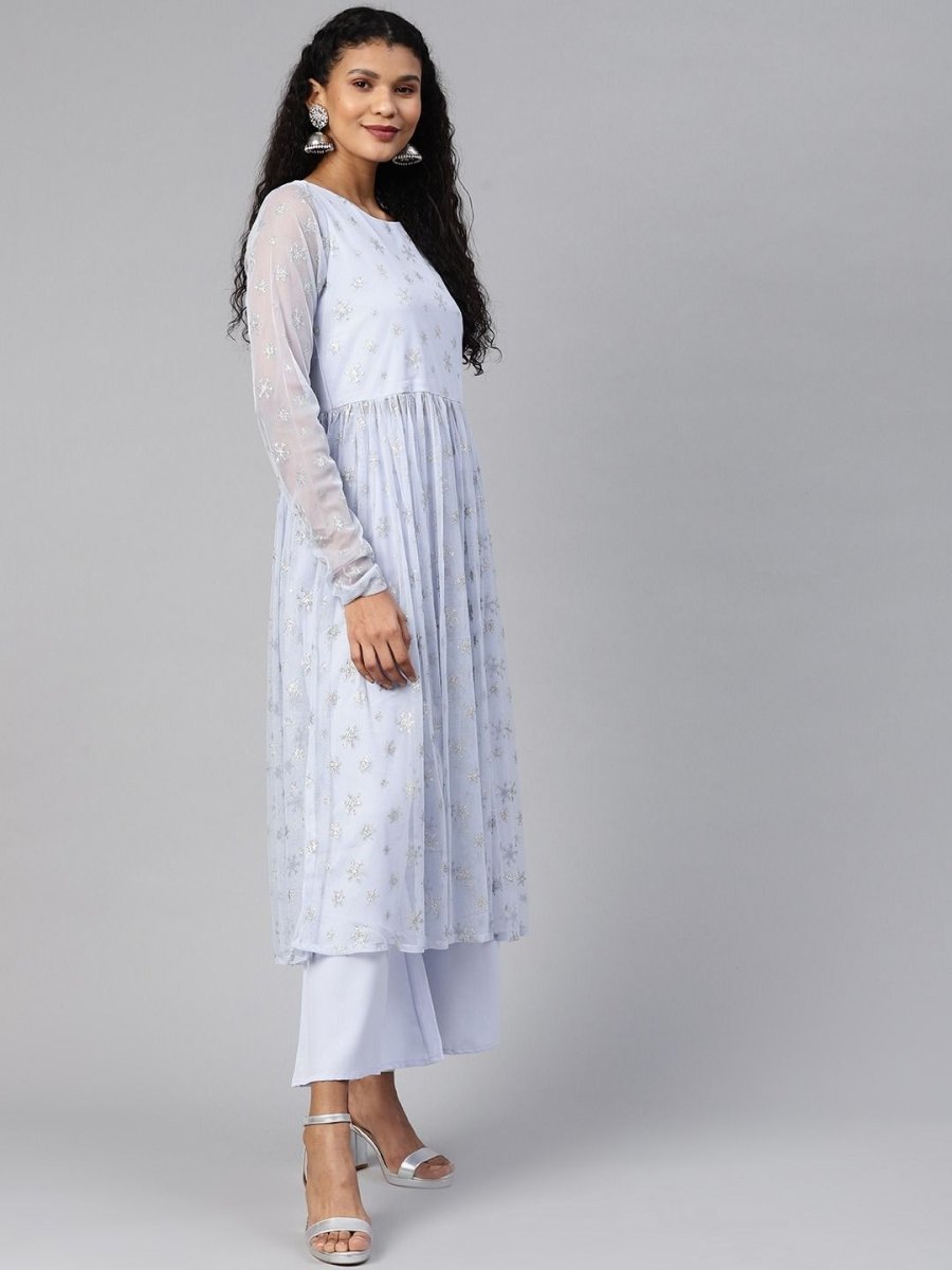 Ahalyaa Women's Blue Net Silver Glitter Printed Kurta Palazzo Set