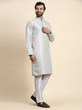 Grey Viscose Jacquard Woven Jacquard Designer Men's Rajwadi Kurta Set - Mahotsav