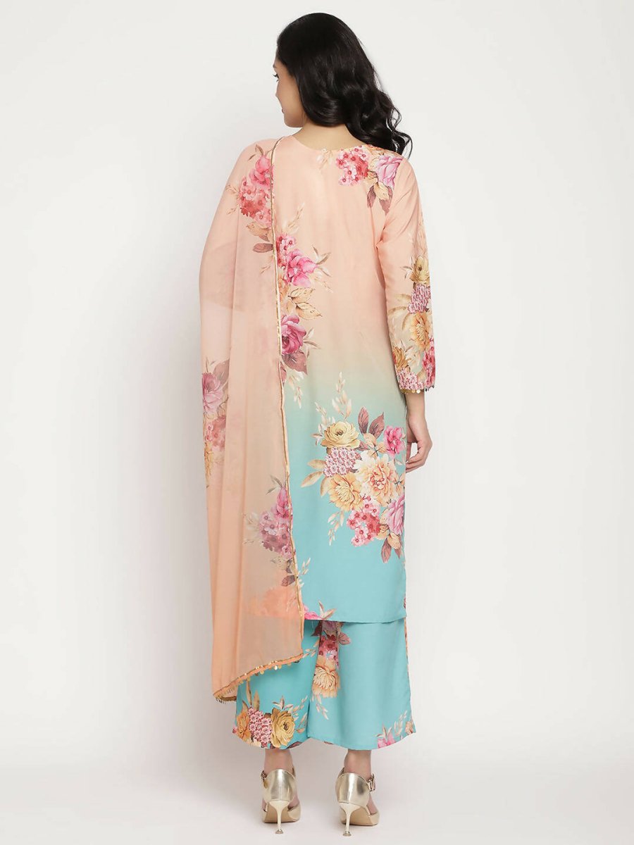 Ahalyaa Women Peach-Coloured Floral Printed Kurta Palazzo Set With Dupatta