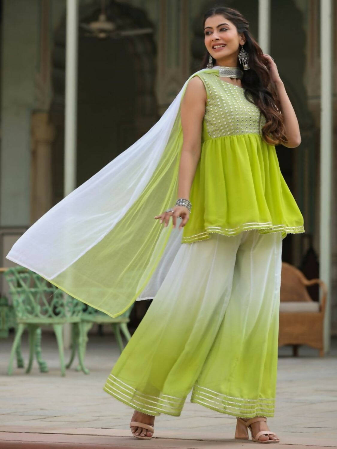 Juniper Women Green Georgette Embroidered Kurta, Palazzo and Dupatta Set