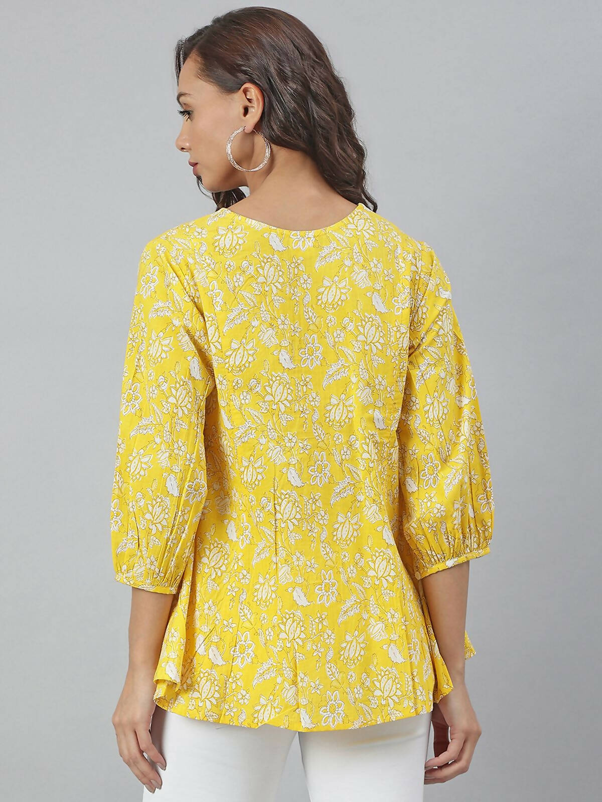 Janasya Women's Yellow Cotton Floral Print Flared Top