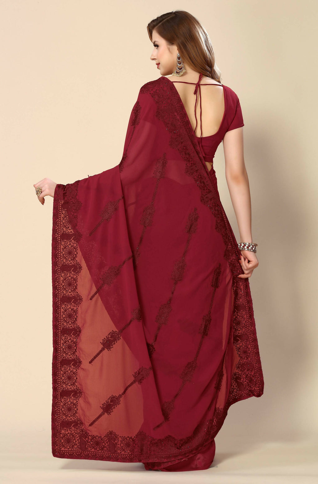 Maroon Georgette Embroidered and Stone Work Saree with Unstitched Blouse Piece - Roozal