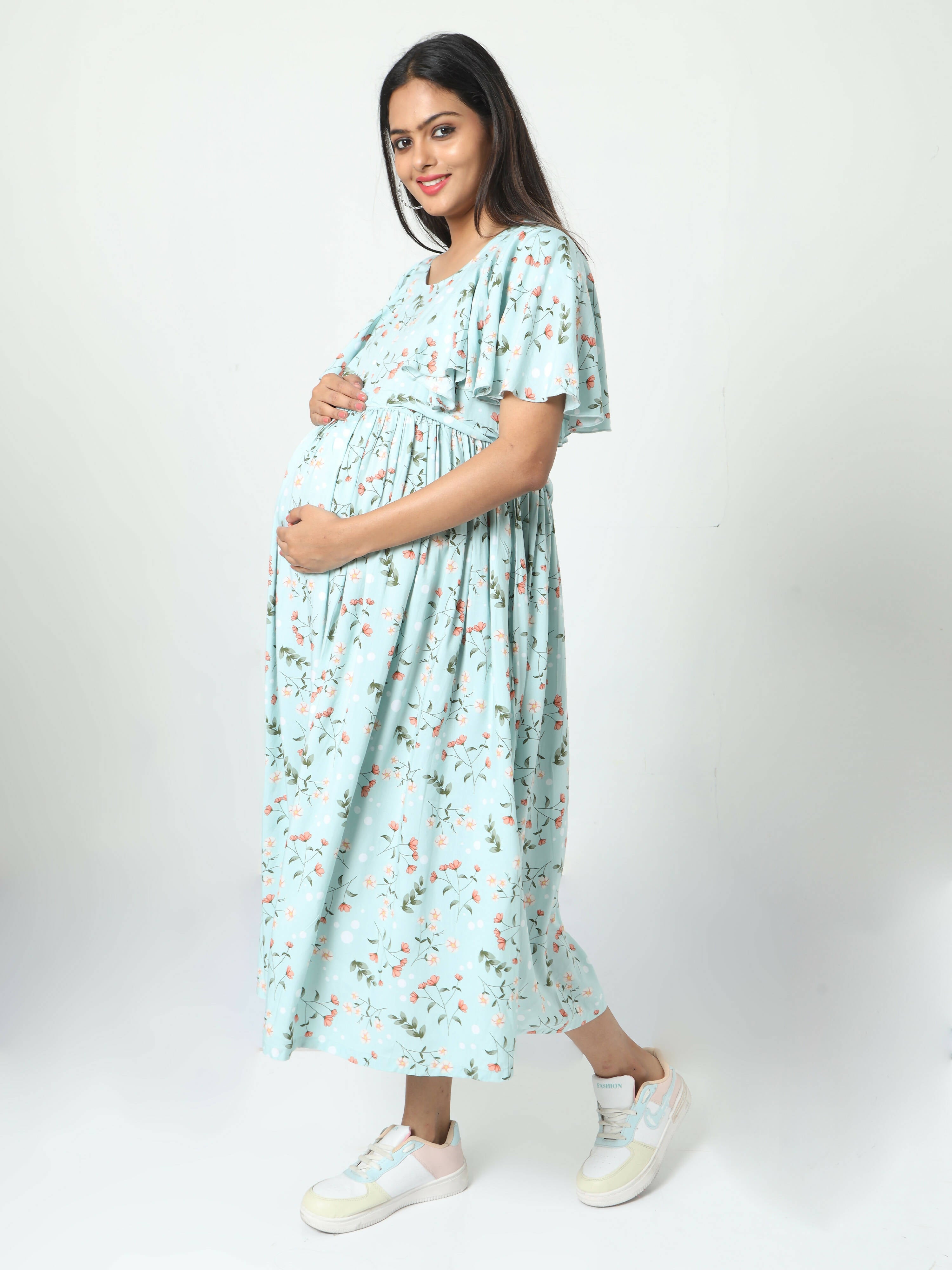 Manet Frill With Sleeve Maternity Dress Floral Print With Concealed Zipper Nursing Access - Green