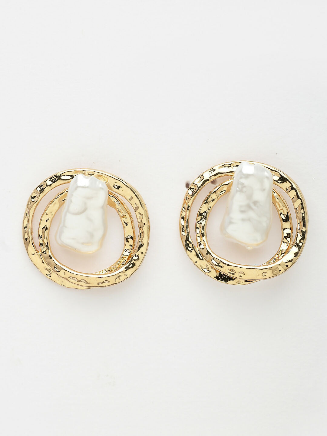 NVR Women's White & Gold-Polished Circular Shape Studs Earring