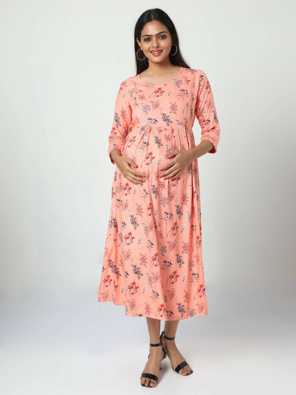 Manet Three Fourth Maternity Dress Floral Print With Concealed Zipper Nursing Access - Orange
