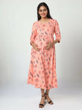 Manet Three Fourth Maternity Dress Floral Print With Concealed Zipper Nursing Access - Orange