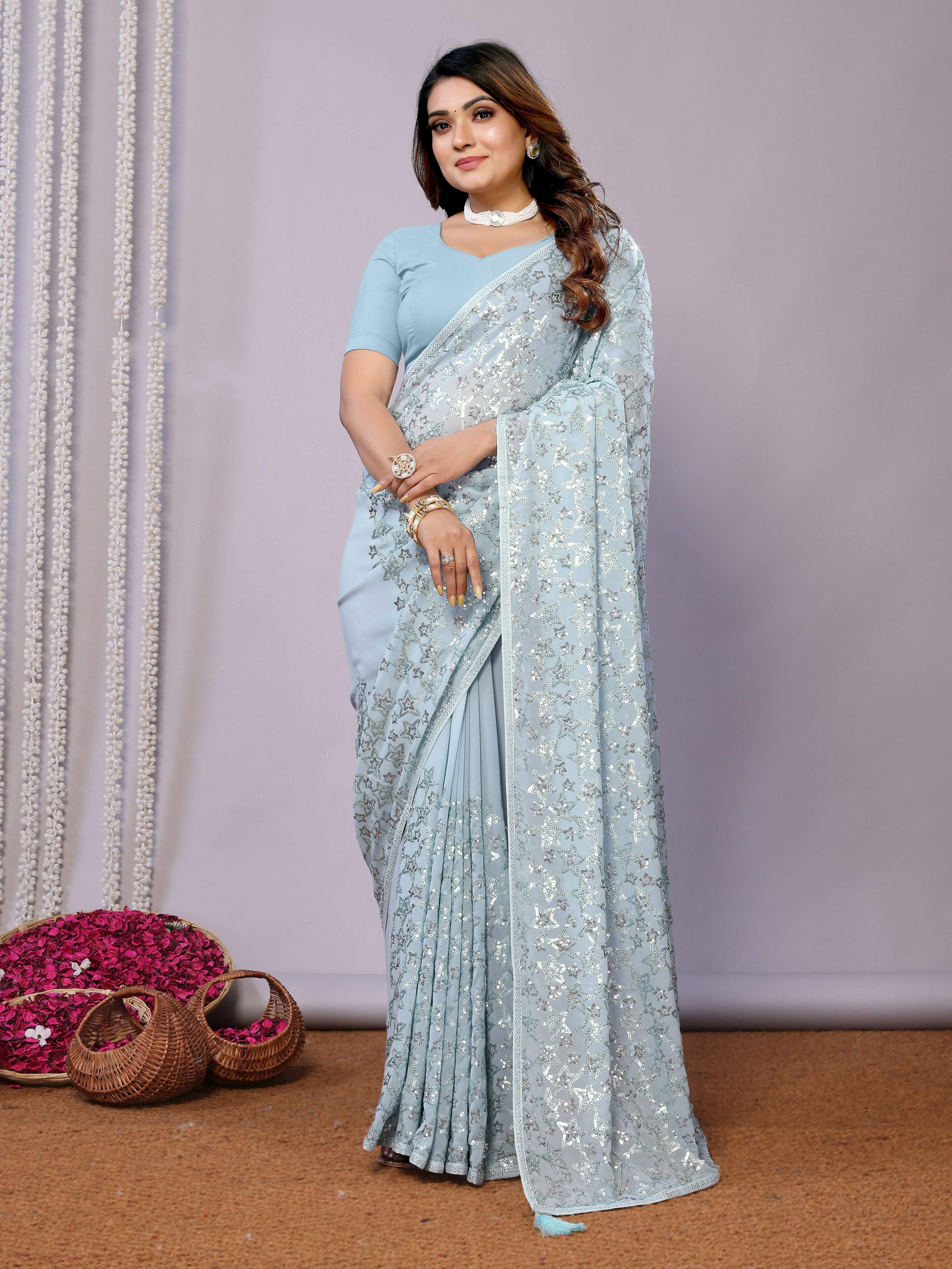 Sky Blue Pure Georgette Embroidered Saree With Stitched Blouse - Nimaya Kaksha