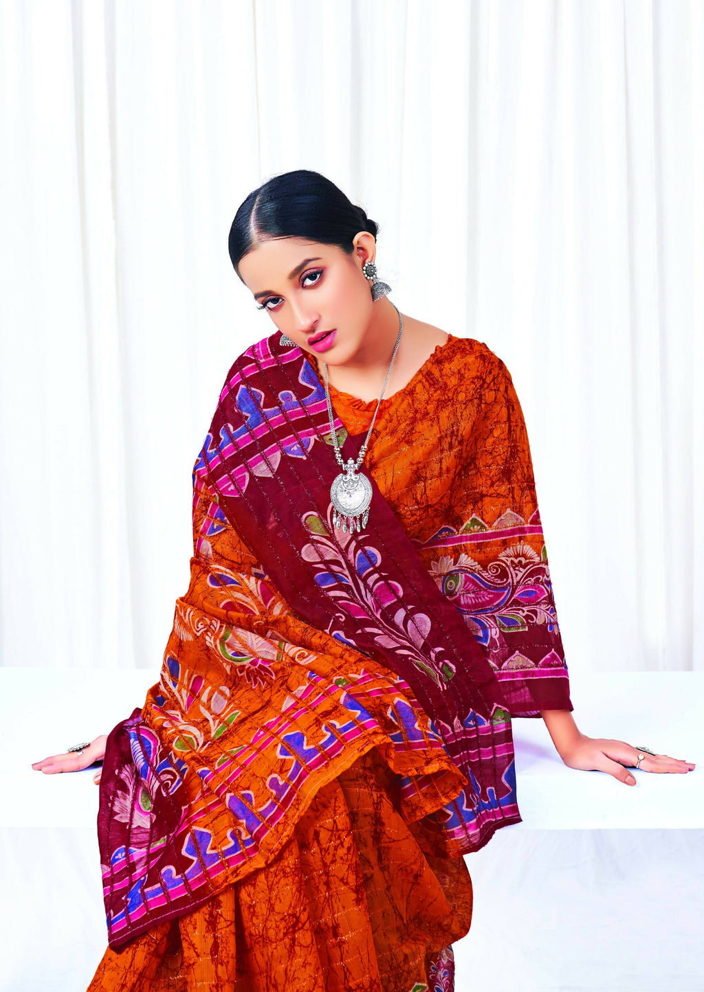Orange Chanderi Cotton Floral Printed Saree With Unstitched Blouse Piece - Kathika