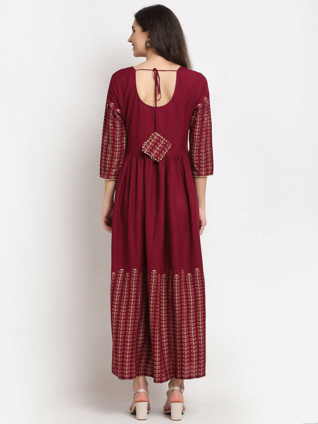 Rudra bazaar Gold Printed A-line flared Maroon Kurti