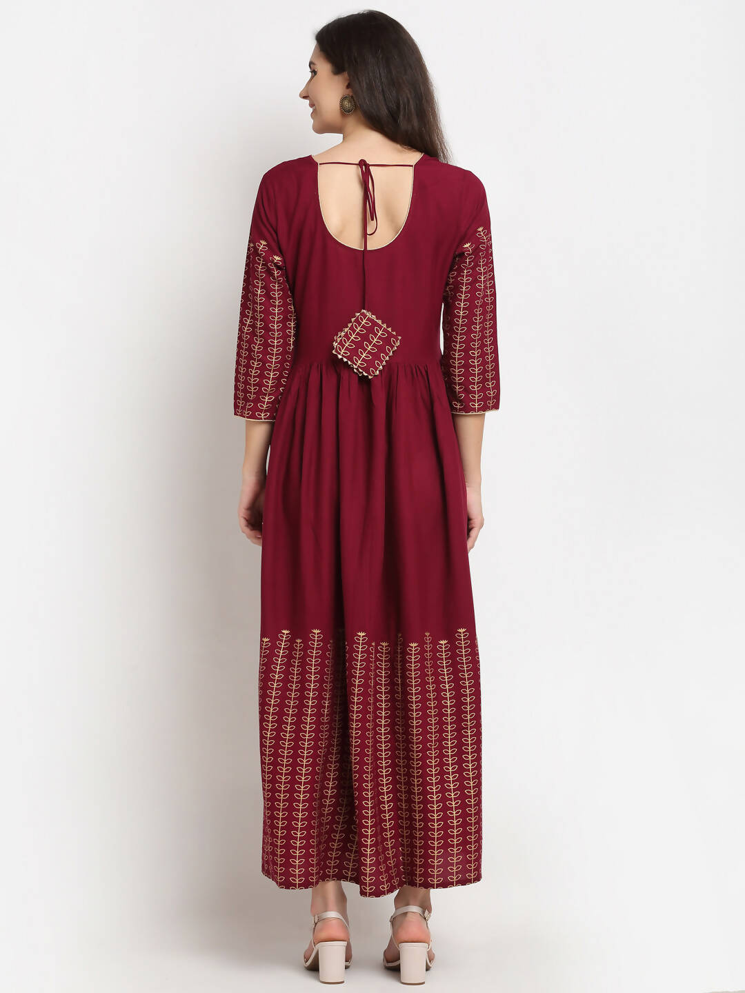 Rudra bazaar Gold Printed A-line flared Maroon Kurti
