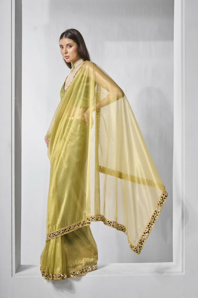 Green Gold Tissue Net Solid & Gold Cotted Saree - Samaa