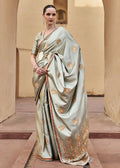 Dusty Grey Pure Satin Zari Weaving Wedding Festive Saree - Emponline