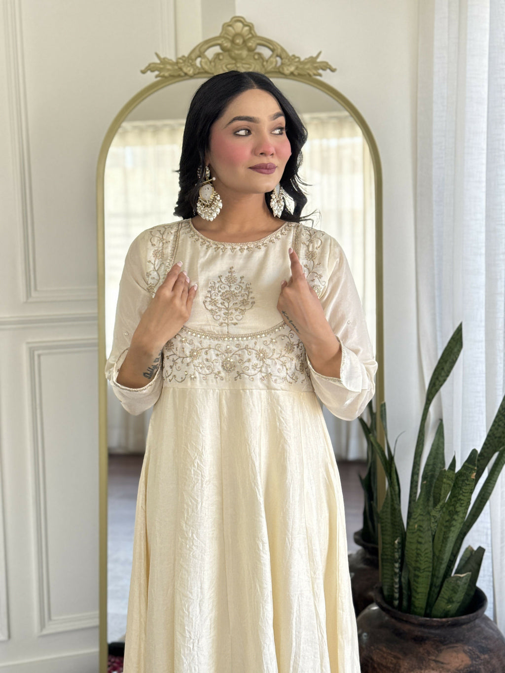 The52 CreamWomen's Gorgeous Embroidered Vichitra Silk Fabric Flared Kurta Pant with Dupatta Set