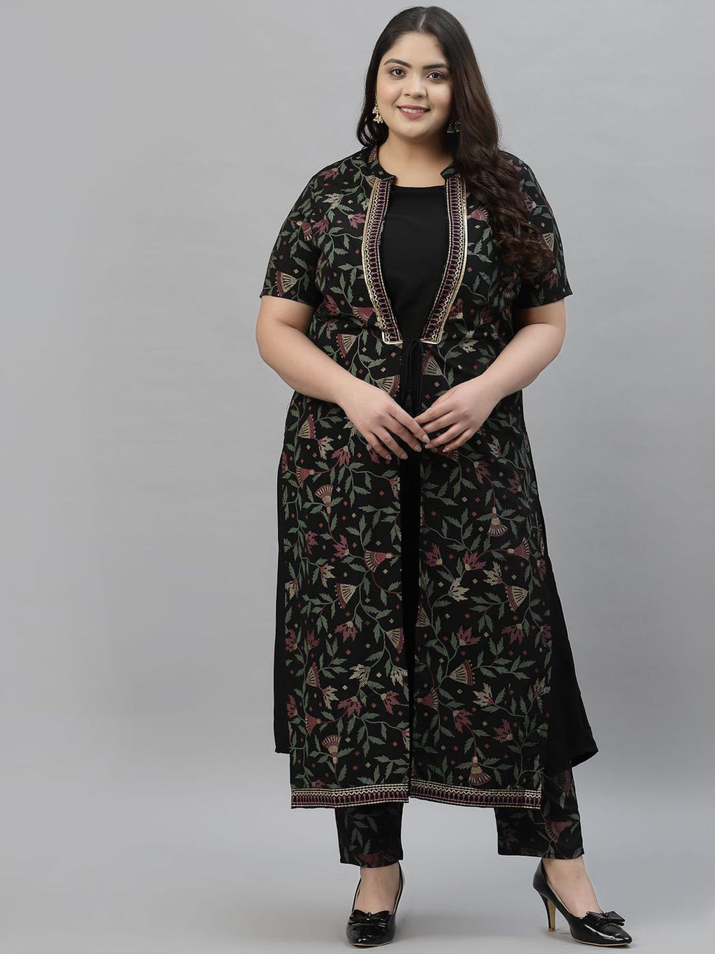 Sztori Plus Size Floral Foil Printed Mandarin Collar A-Line Kurta With Trouser