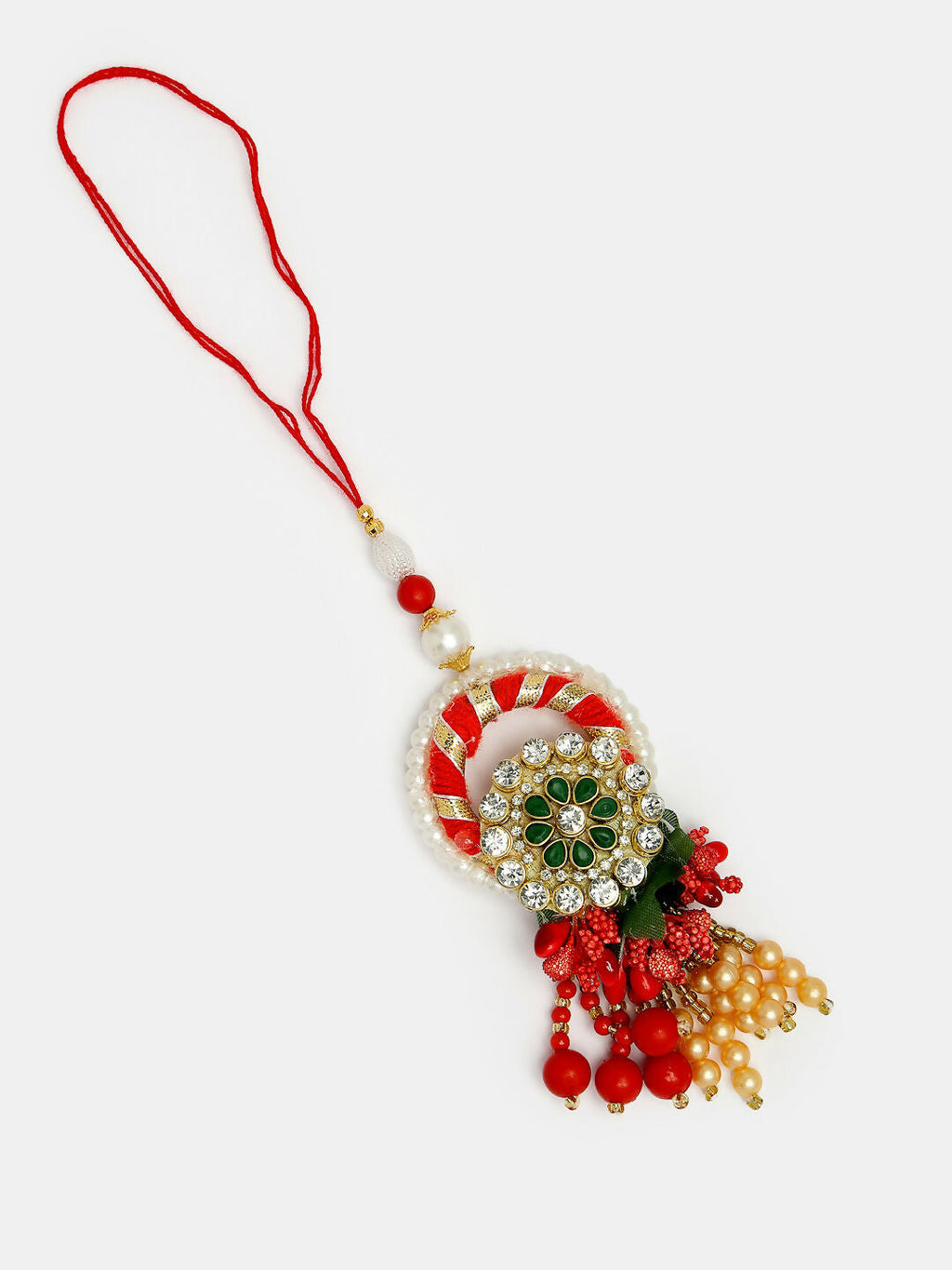 NVR Women & Men Set of 2 Red & Gold Toned Stone-Studded & Beaded Bhaiya Bhabhi Rakhi With Roli Chawal