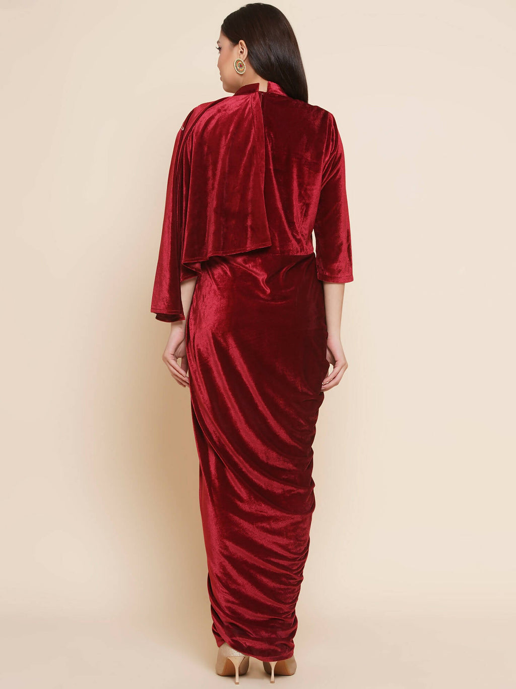 Women Republic Maroon Velvet Drape Styel Gown