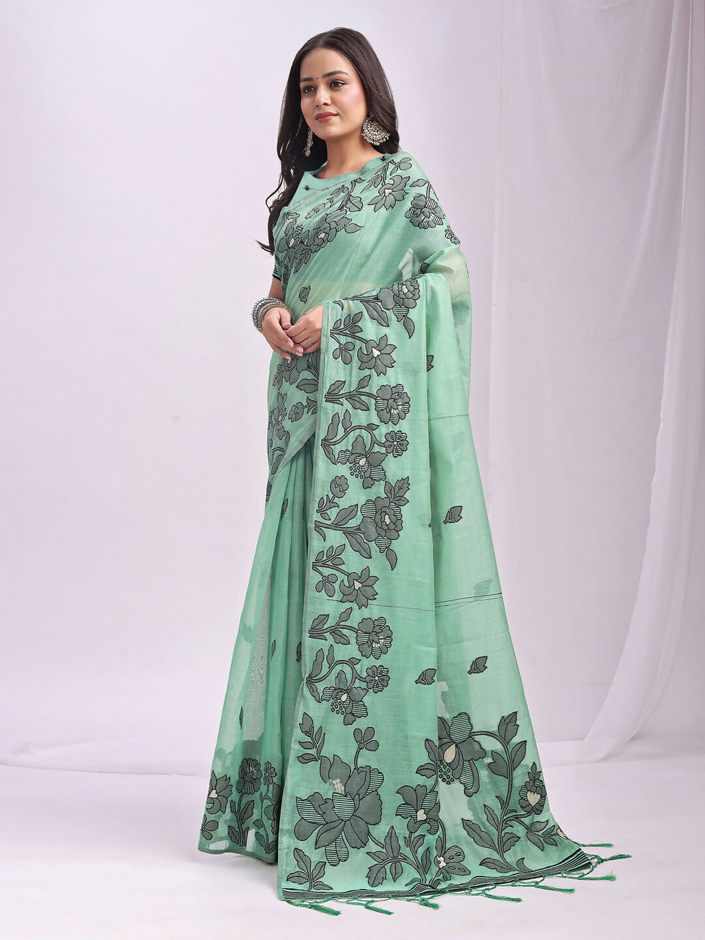 Shree Shyam Fashion Kashira Rama Green Linen Cotton Saree