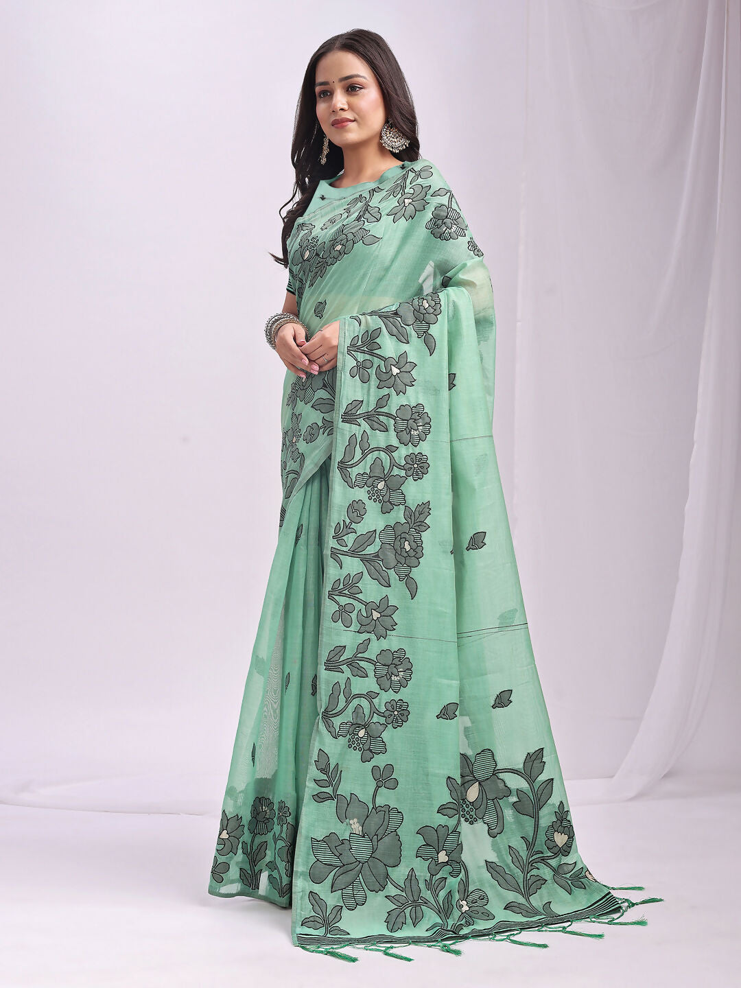 Shree Shyam Fashion Kashira Rama Green Linen Cotton Saree