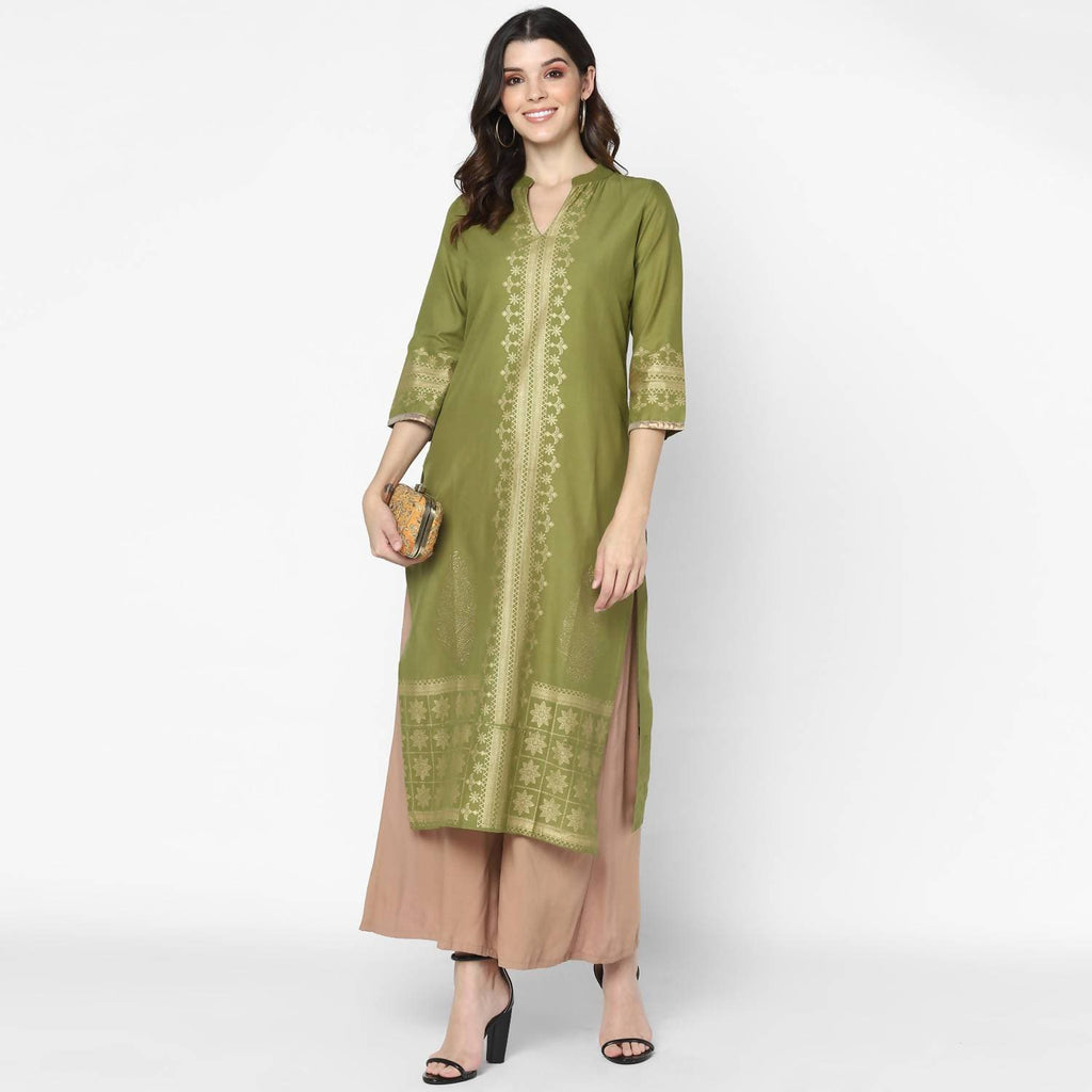 Cheera Hand Block Print Military Color Straight Kurta (MAAI-050K)