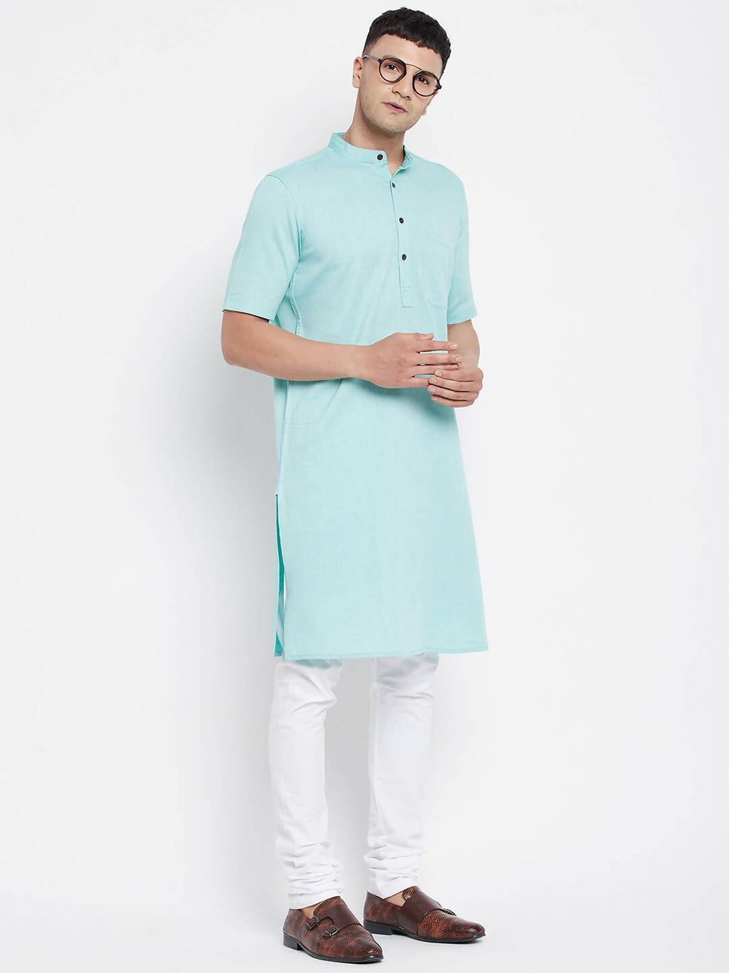 Even Apparels Green Pure Cotton Men's H/S Kurta With Band Collar