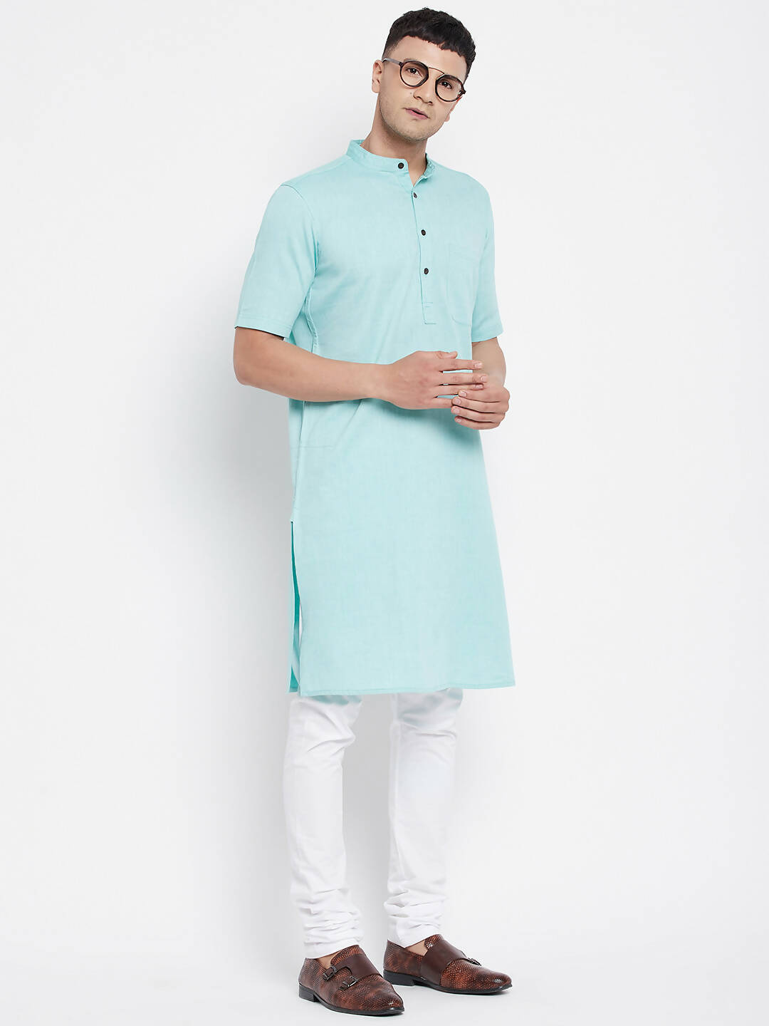 Even Apparels Green Pure Cotton Men's H/S Kurta With Band Collar