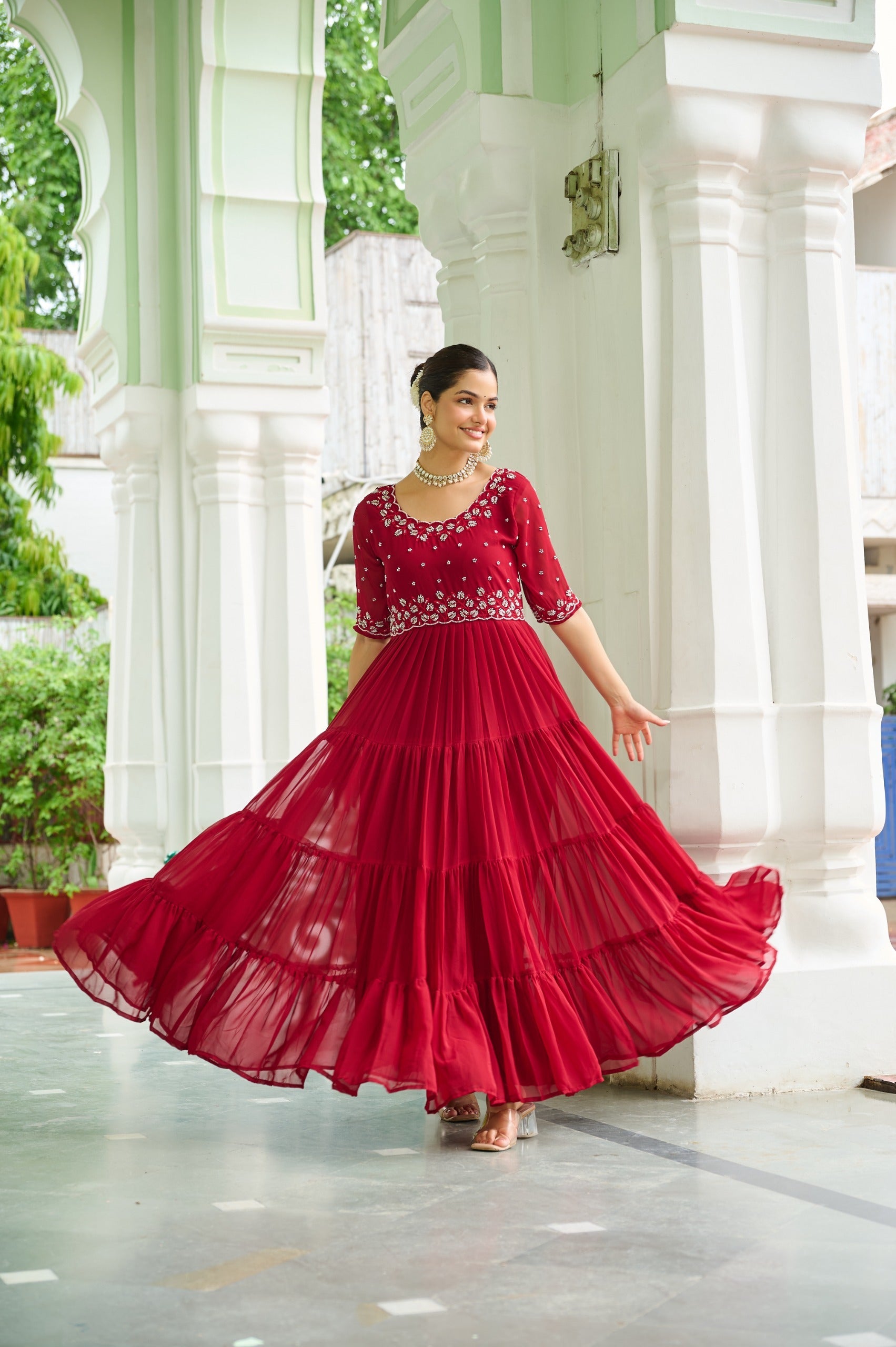 Prazu Fashion Maroon Georgette Beads Embroidery-Work Designer Gown