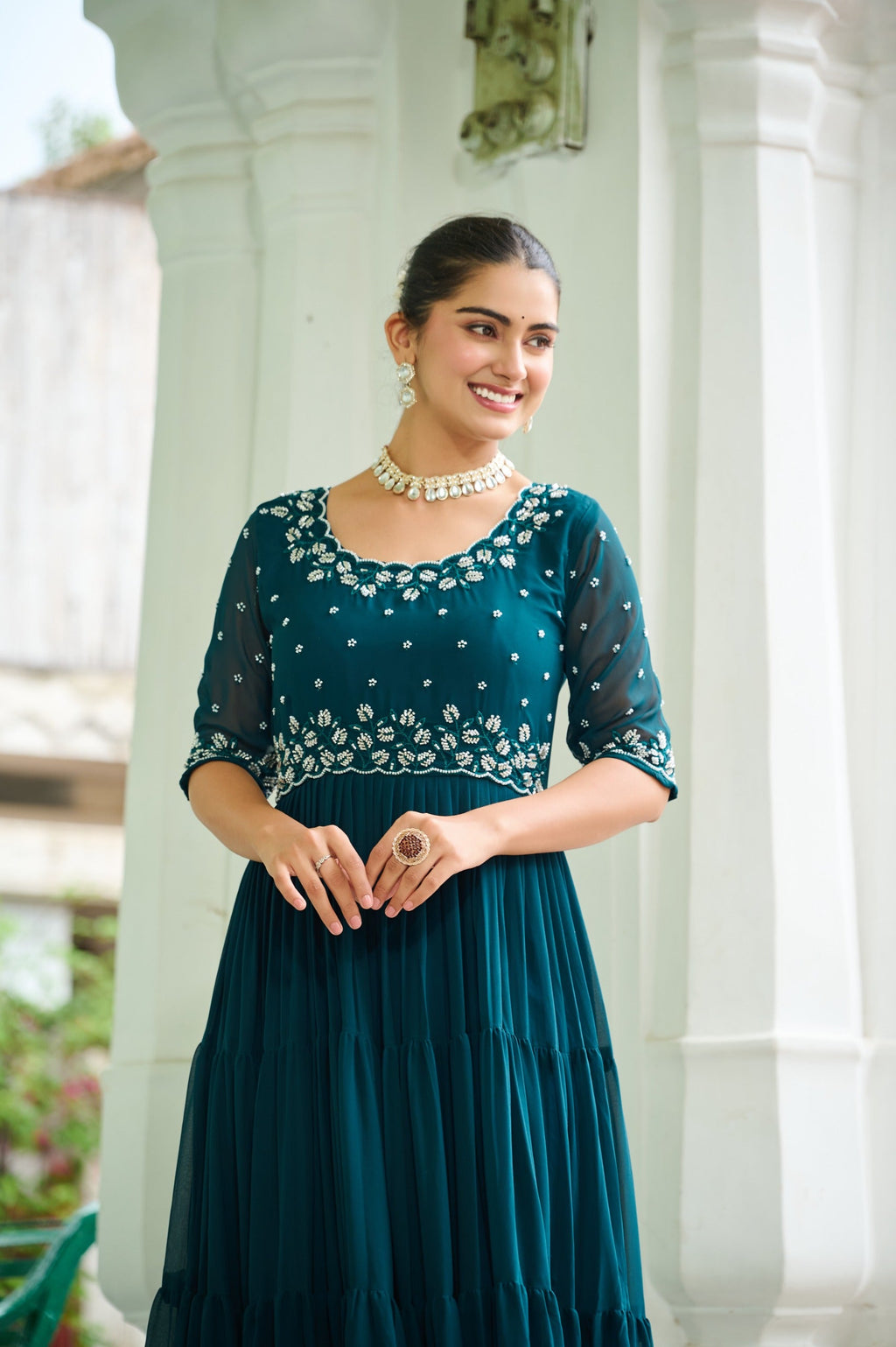 Prazu Fashion Rama Georgette Beads Embroidery-Work Designer Gown