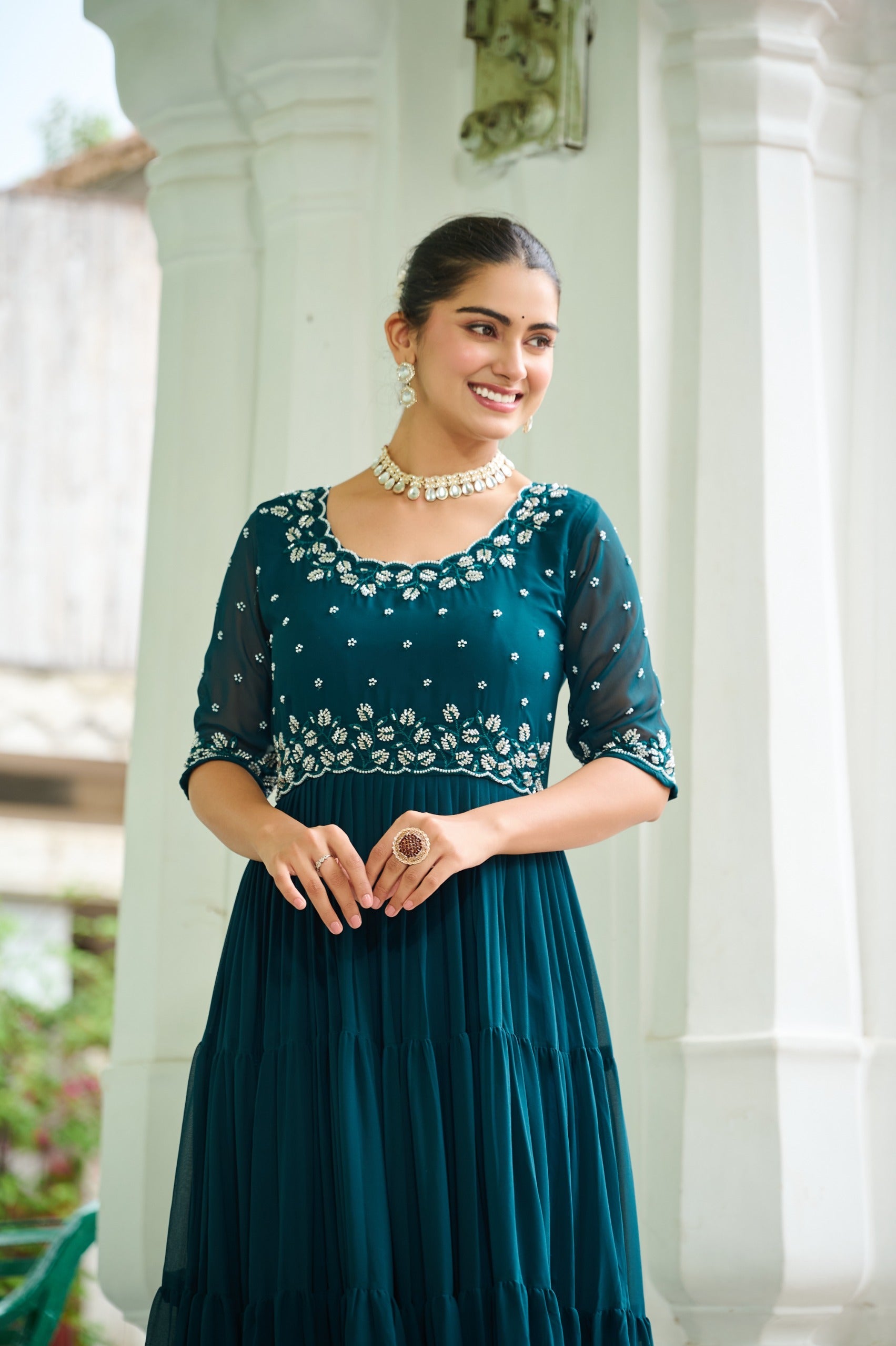 Prazu Fashion Rama Georgette Beads Embroidery-Work Designer Gown