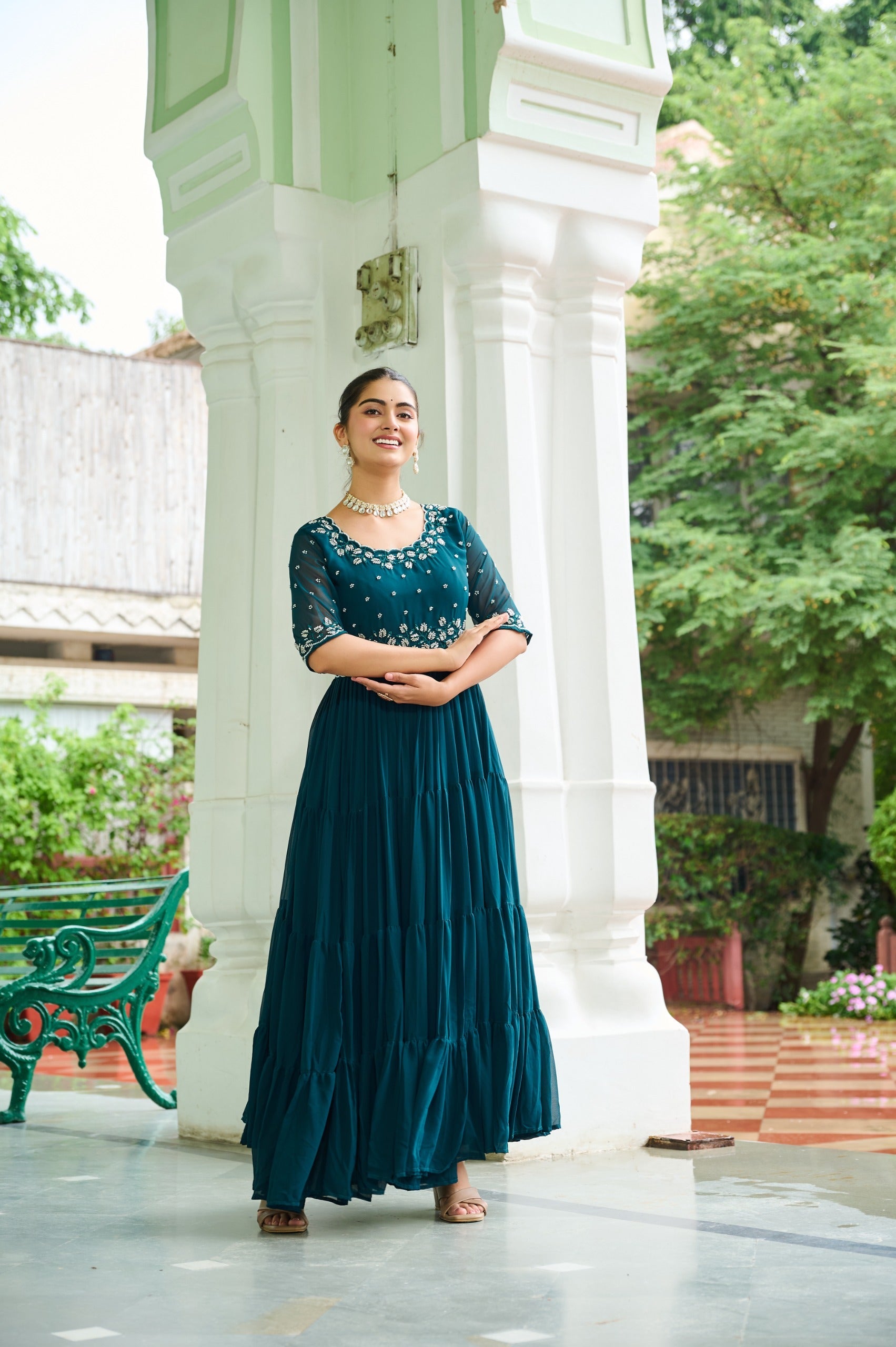 Prazu Fashion Rama Georgette Beads Embroidery-Work Designer Gown