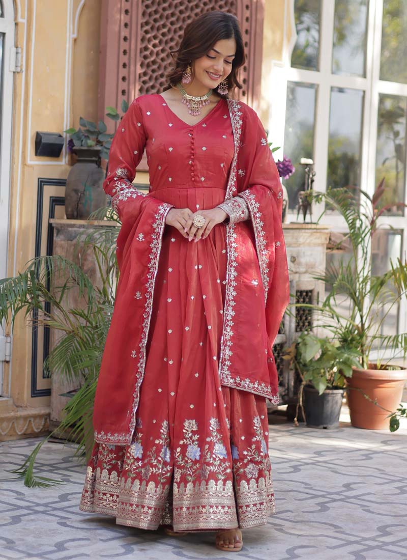 Prazu Fashion Red Viscose Embroidered Gown With Dupatta